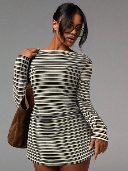 Striped Mesh Mini Dress Long Sleeve Bodycon Boat Neck