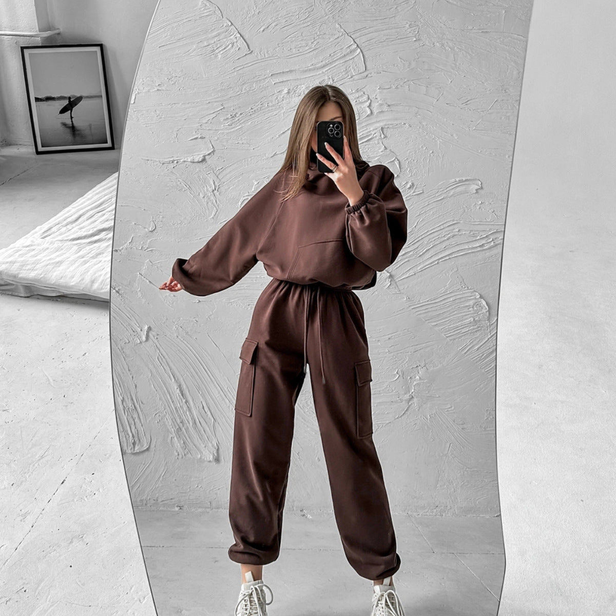 Women Oversized Fleece Hoodie Cargo Jogger Set