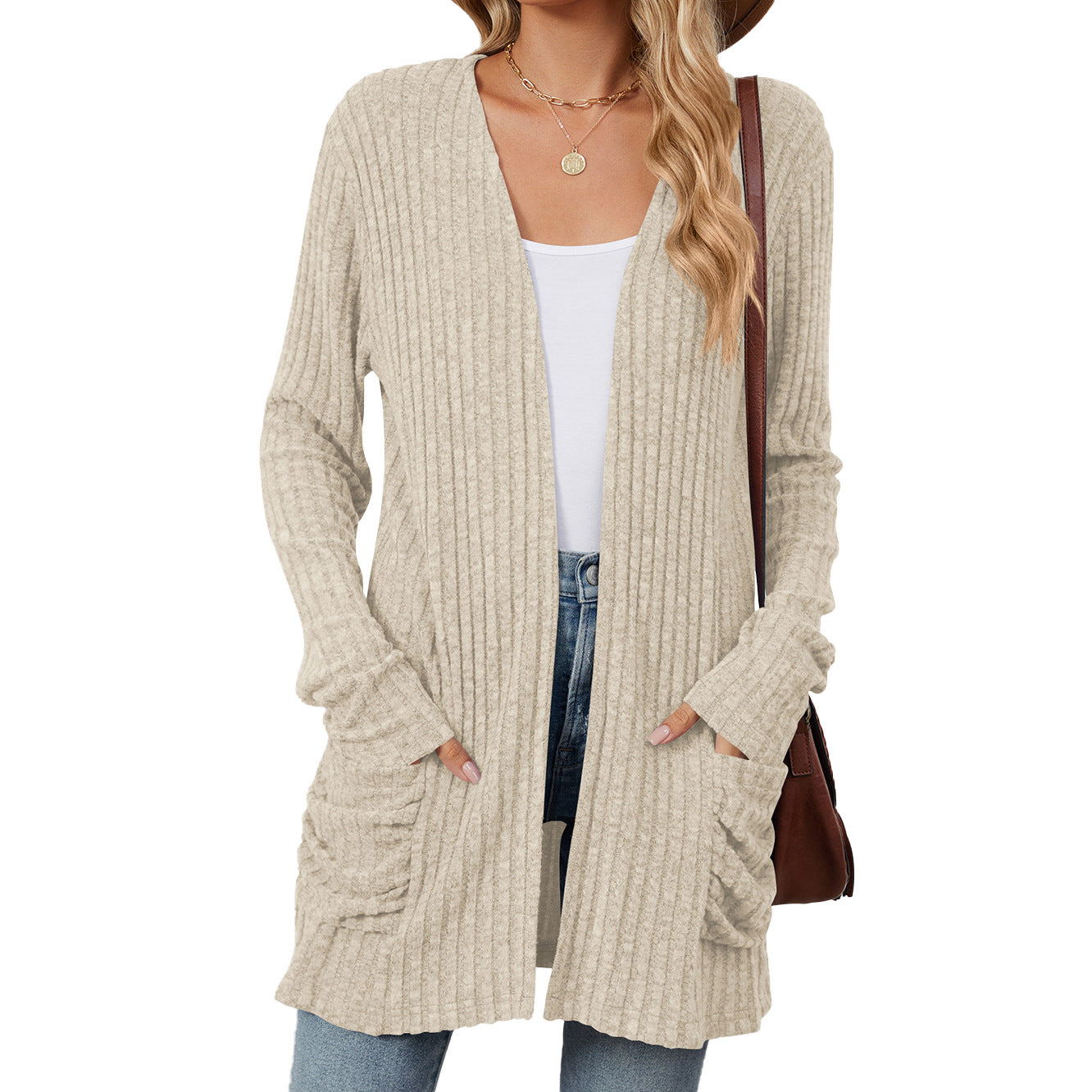 Simple Pocketed Long Sleeve Cardigan Knit Top