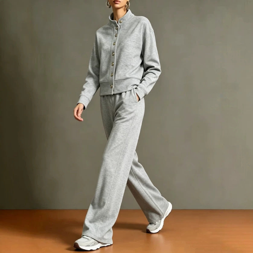 Women's Button Front Sweatshirt Wide Leg Pants Lounge Set