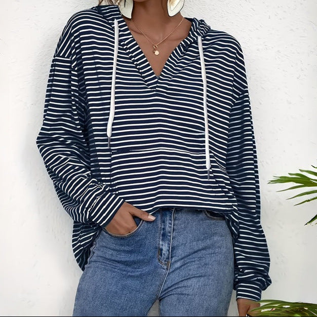 Women Striped Hoodie V-Neck Long Sleeve Oversized Pullover