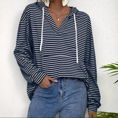 Women Striped Hoodie V-Neck Long Sleeve Oversized Pullover