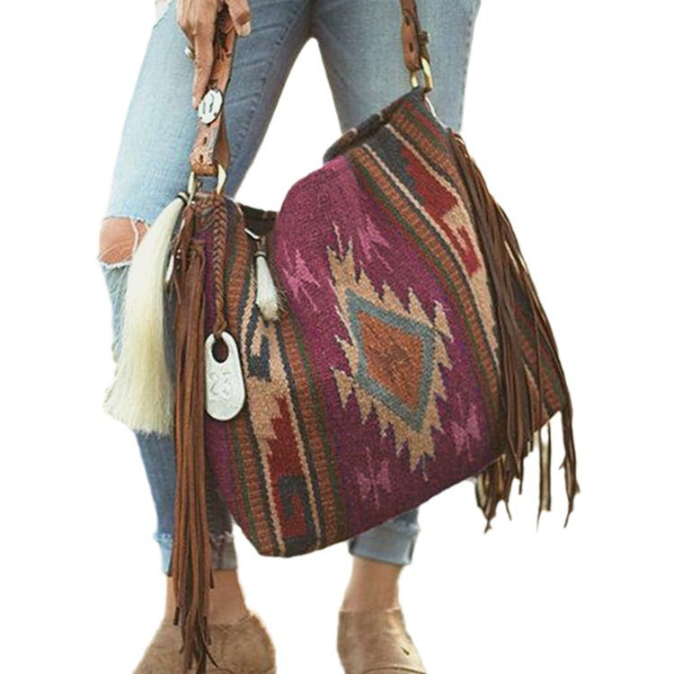 Boho Woven Canvas Tassel Shoulder Bag for Women