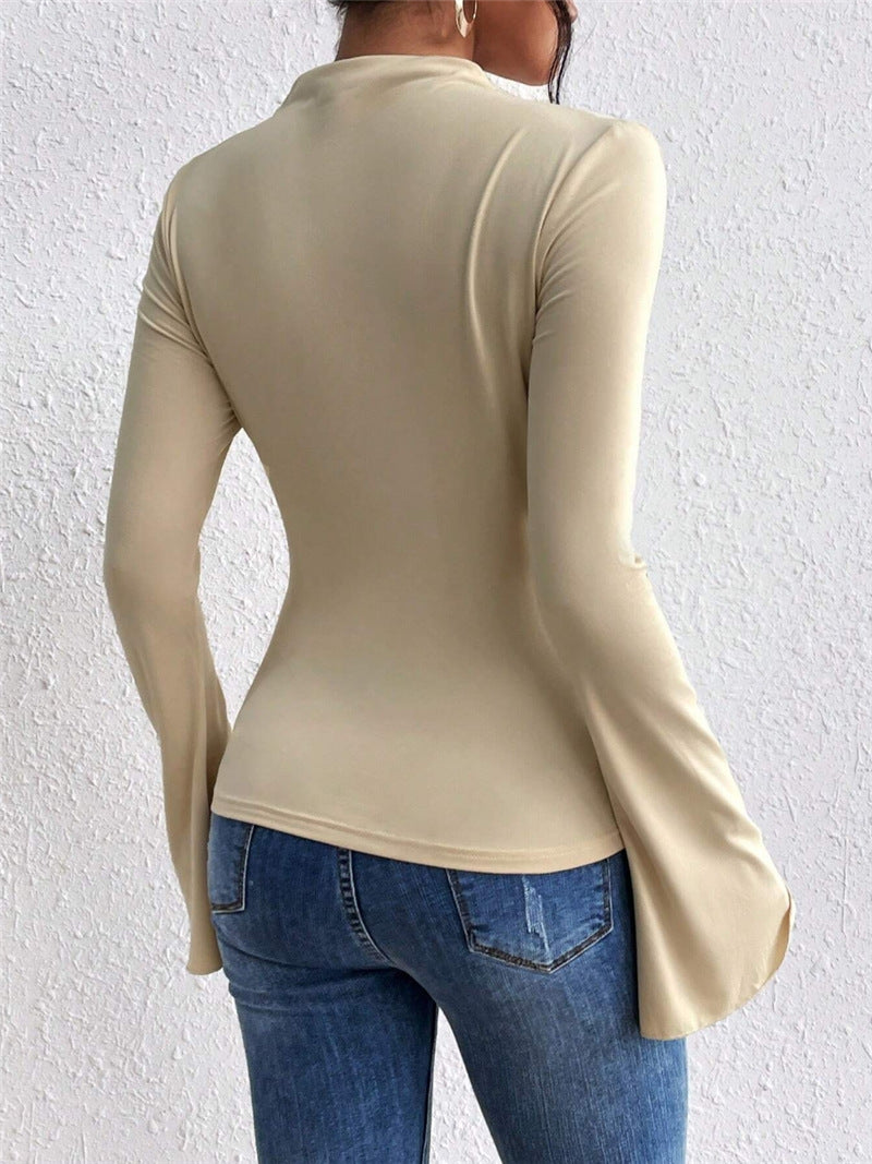 Women's Mock Neck Bell Sleeve Ruched Fitted Top