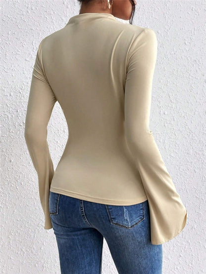 Women's Mock Neck Bell Sleeve Ruched Fitted Top