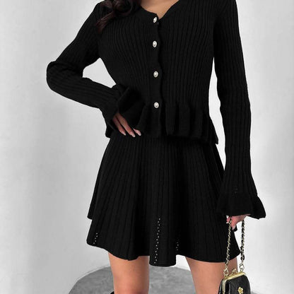 Women's Ribbed Knit Peplum Cardigan & Skirt Set
