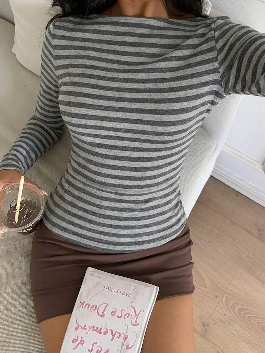 Striped Cotton Blend Long Sleeve Fitted Casual Tee