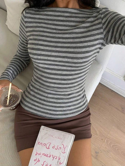 Striped Cotton Blend Long Sleeve Fitted Casual Tee