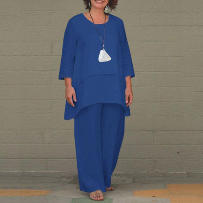 Women's Linen 2 Piece Set Asymmetrical Top Wide Leg Pants