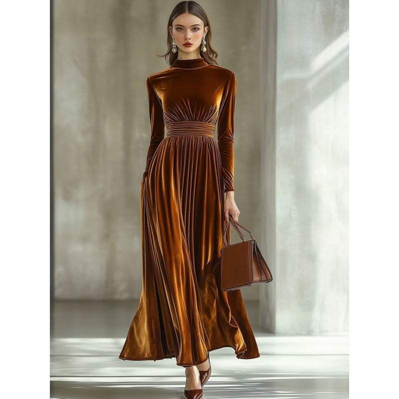 Velvet Maxi Dress Long Sleeve Mock Neck Smocked Waist