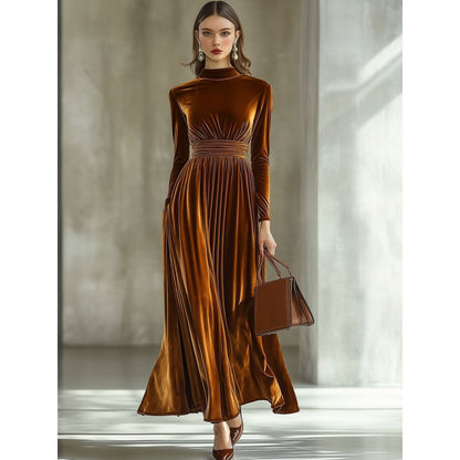 Velvet Maxi Dress Long Sleeve Mock Neck Smocked Waist