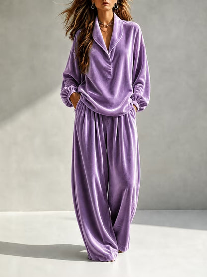 Women's Velvet Collared Lounge Set Wide Leg Pants