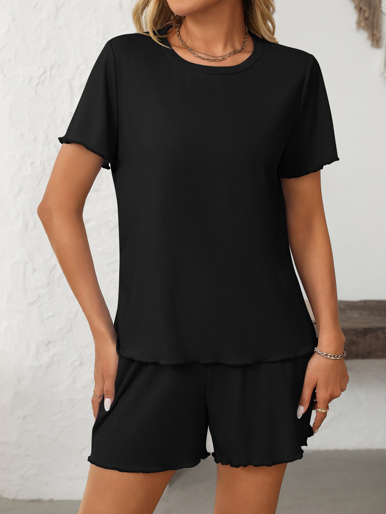 Solid Color Pajama Set - Short-Sleeve Loungewear