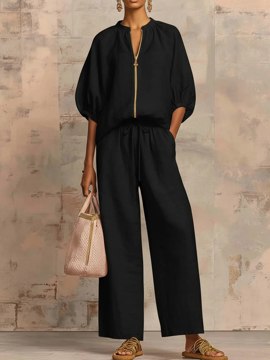Women's Zip Front Bubble Sleeve Wide Leg Pants Set