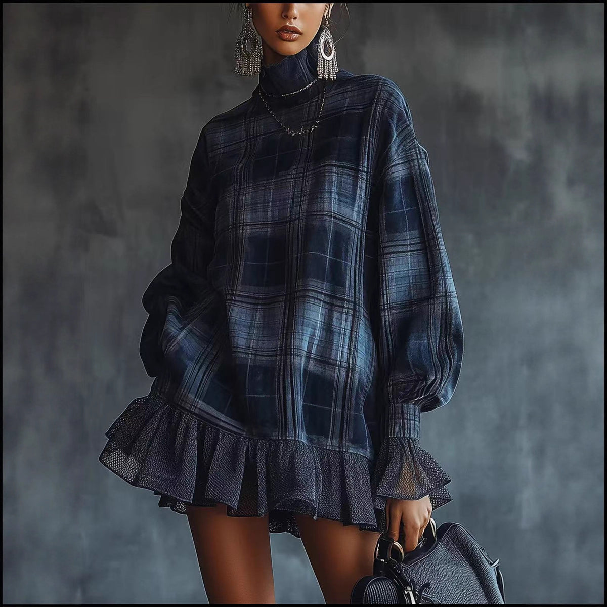 Plaid Ruffle Hem Mini Dress Long Sleeve Mock Neck