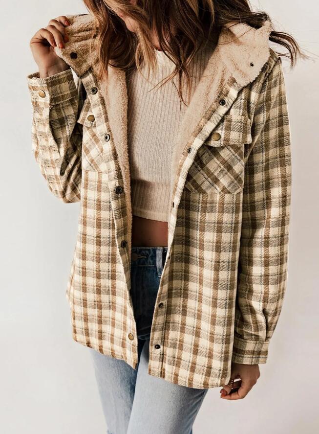 Women's Plaid Hooded Fleece Lined Shacket with Pockets