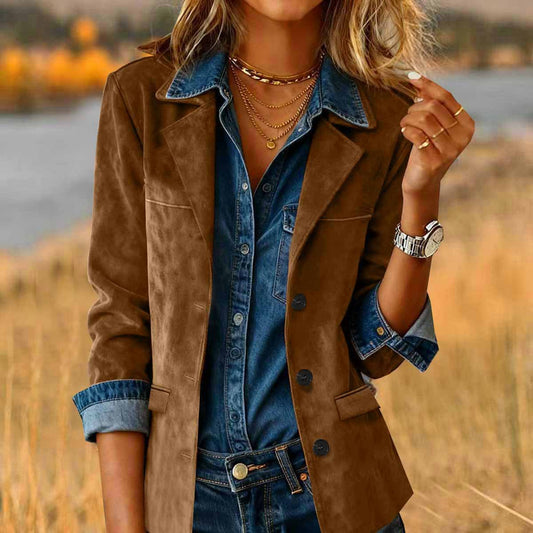 Faux Suede Button Blazer Jacket Long Sleeve Outerwear