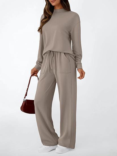 Women's Solid Mock Neck Top & Wide Leg Pants Lounge Set