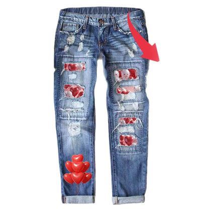 Valentine’s Day Heart Print Distressed Straight Jeans