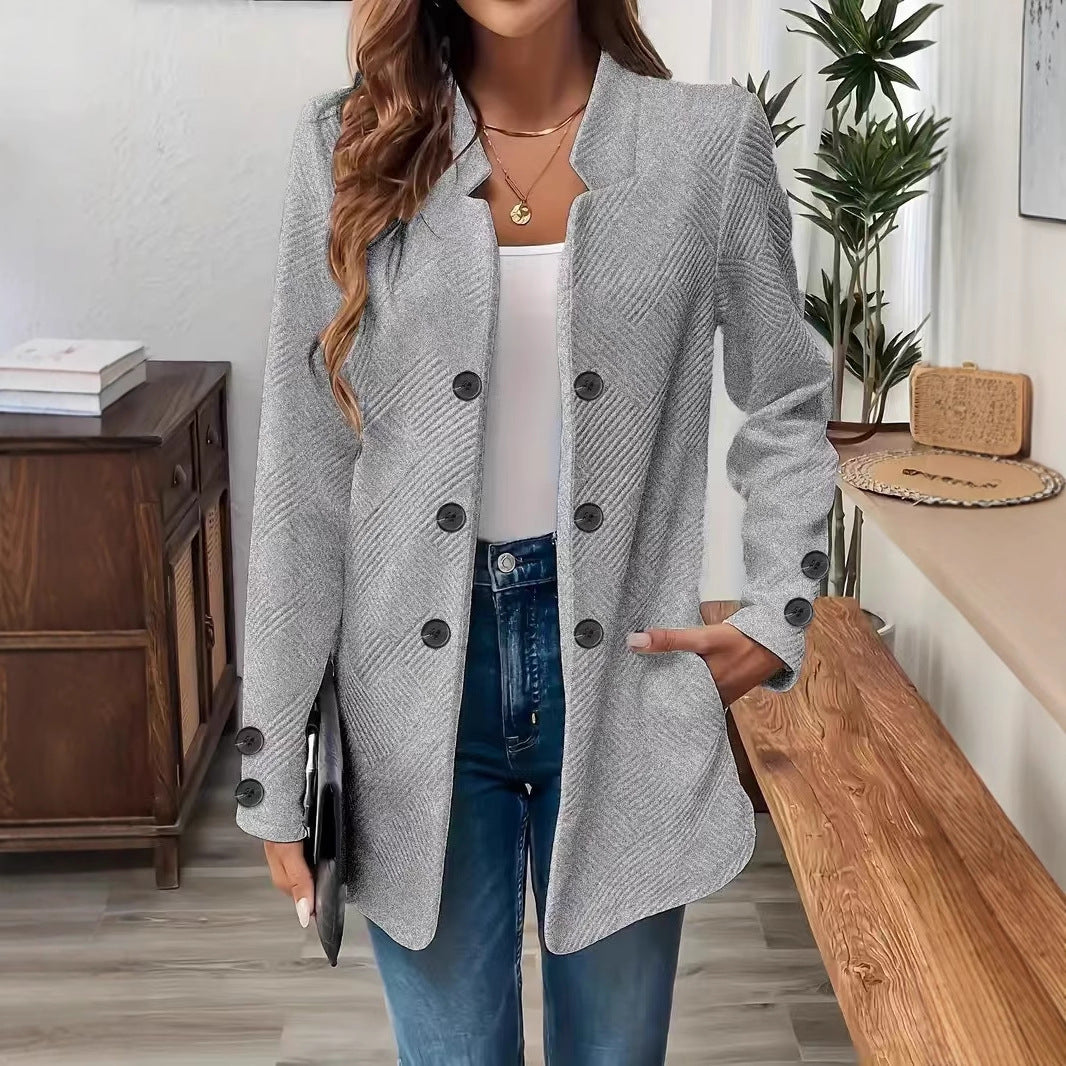 Women's Textured Double Breasted Blazer Jacket Long Sleeve