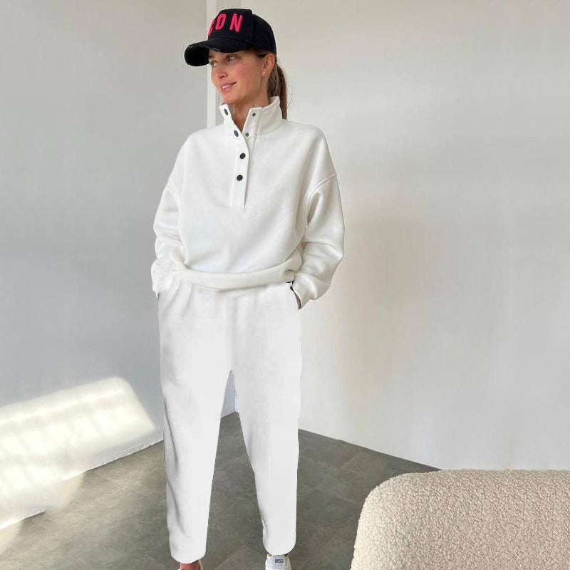 Women's Oversized Fleece Button Mock Neck Sweatsuit Set