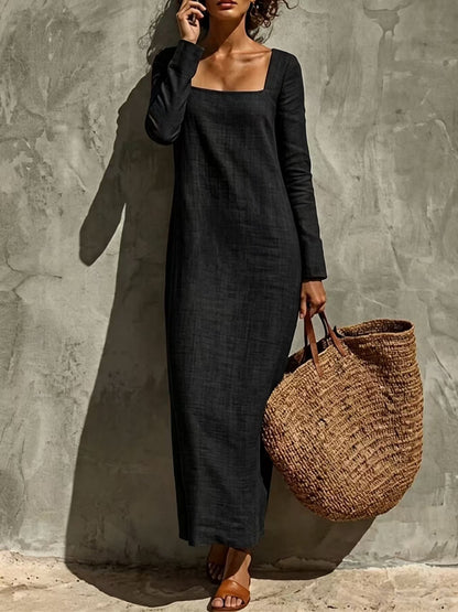 Women's Square Neck Long Sleeve Straight Maxi Dress Casual