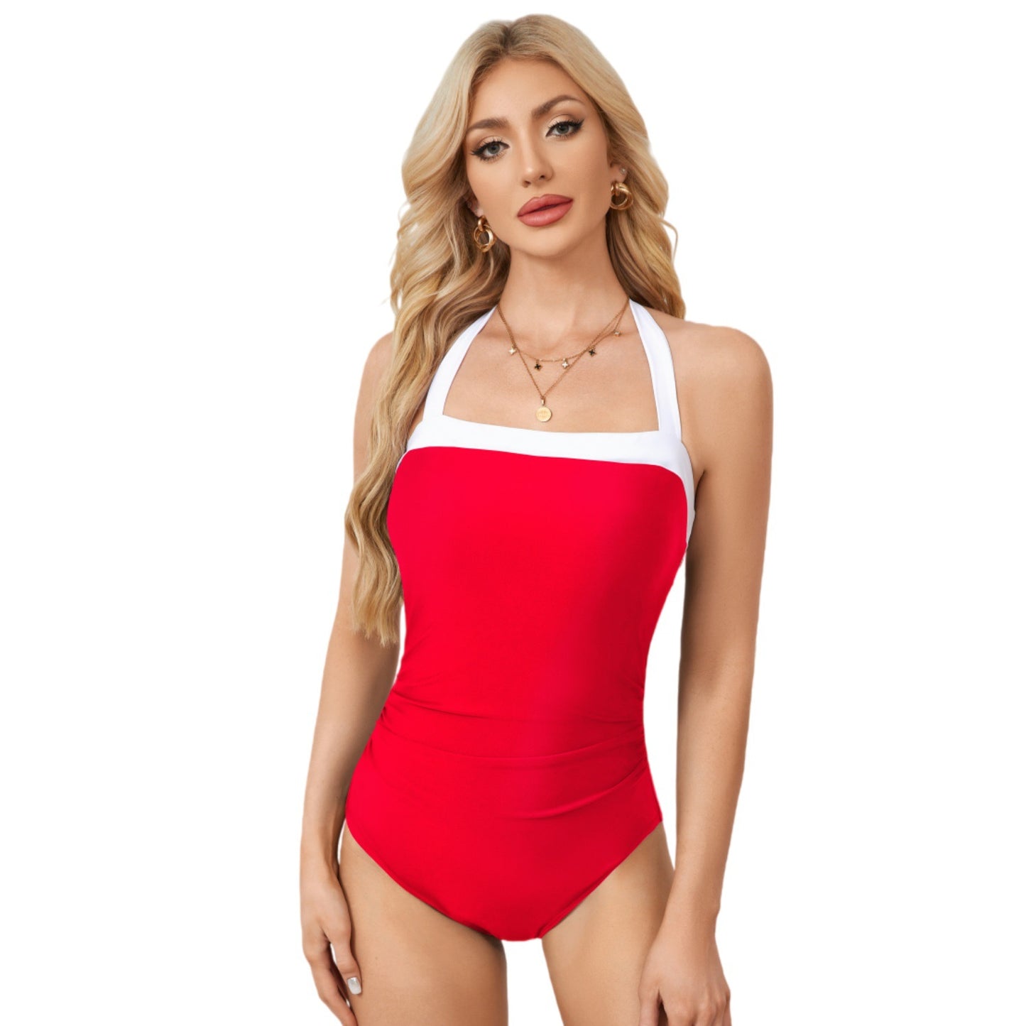 Color Block Halter One Piece Tummy Control Swimsuit