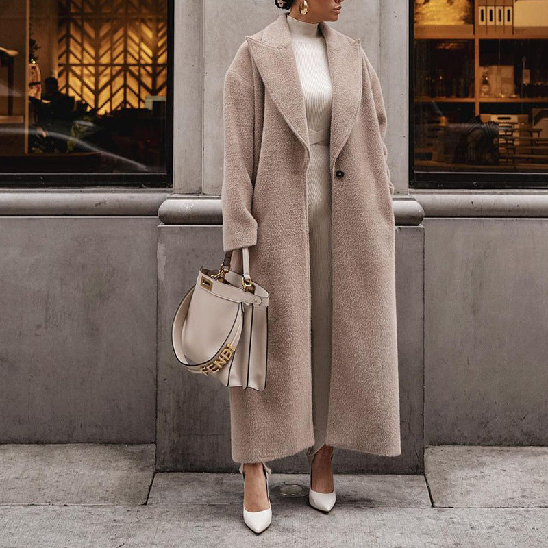 Women Long Fleece Coat Lapel Winter Warm Jacket