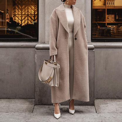 Women Long Fleece Coat Lapel Winter Warm Jacket