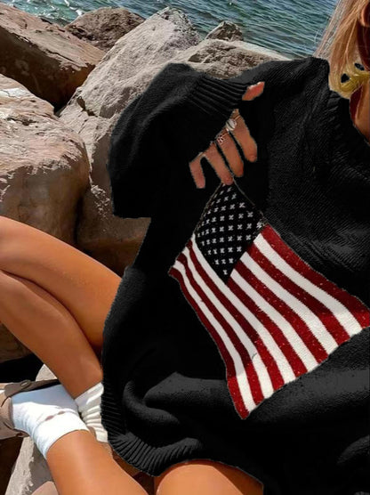 Oversized American Flag Crewneck Knit Sweater