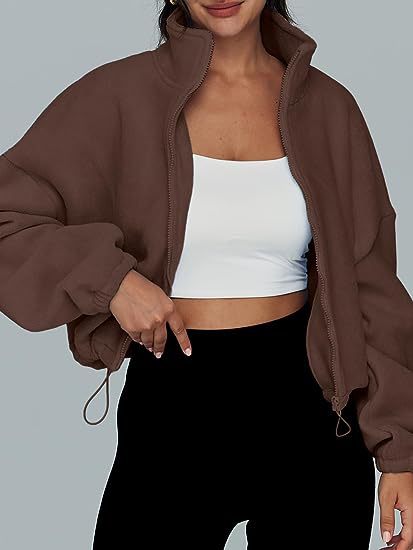 Womens Oversized Fleece Zip Up Jacket Stand Collar Cropped