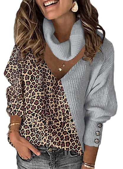 Women's Leopard Color Block V-Neck Scarf Sweater