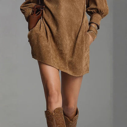 Suede Zip Front Mini Dress Long Sleeve Mock Neck