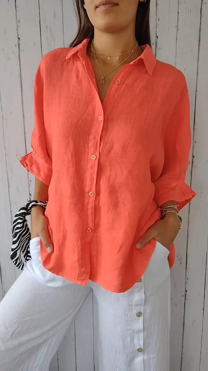 Cotton Linen Tie Back Button Down Shirt Long Sleeve