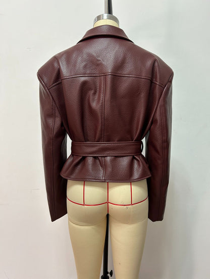 Belted Faux Leather Jacket Women Moto Blazer