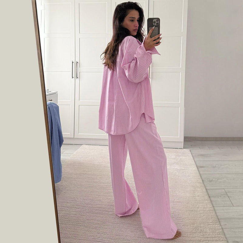 Women's Striped Oversized Shirt and Pants Lounge Set