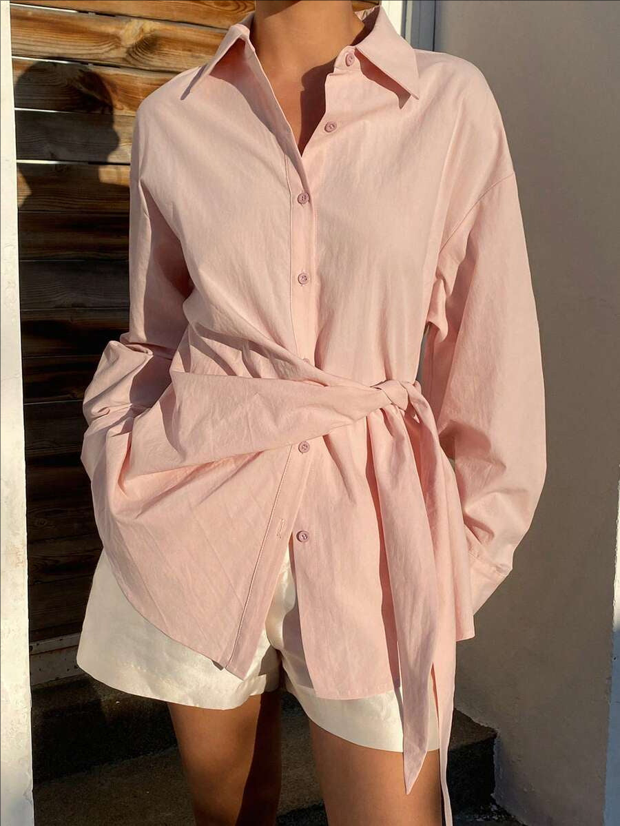 Women's Oversized Tie Waist Long Sleeve Button Down Shirt