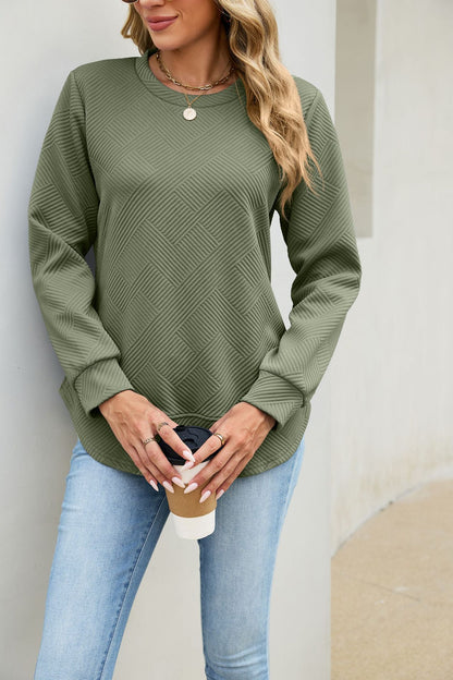 Quilted Textured Sweatshirt Crew Neck Loose Top