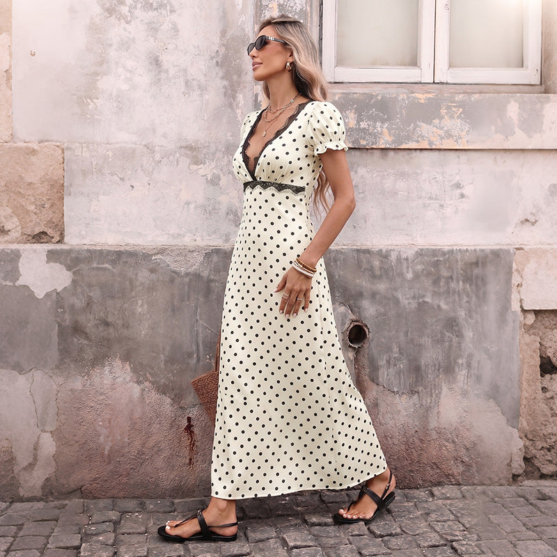 Vintage French Style Polka Dot Lace Splice Deep V Back Dress