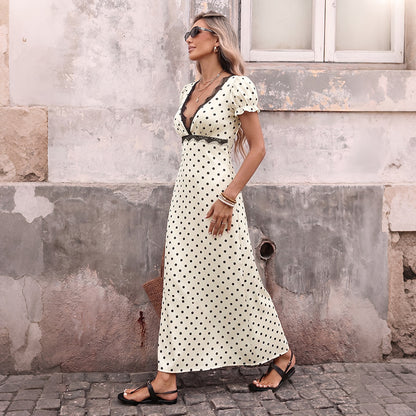 Vintage French Style Polka Dot Lace Splice Deep V Back Dress