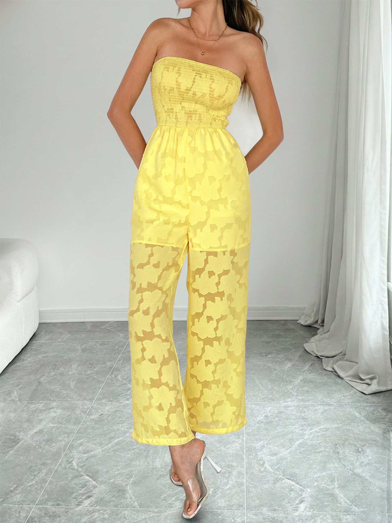 Yellow Lace Strapless Jumpsuit Sheer Wide Leg Summer