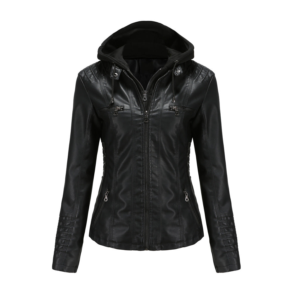 Women's Faux Leather Moto Jacket Removable Hood Plus Size