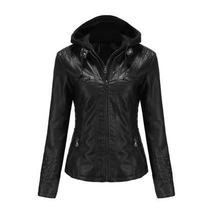 Women's Faux Leather Moto Jacket Removable Hood Plus Size