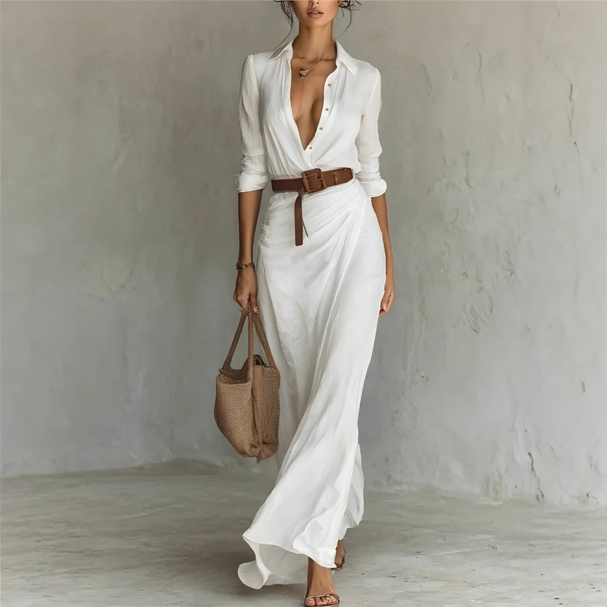 Elegant Belted Shirt Dress Long Sleeve Ruched Maxi