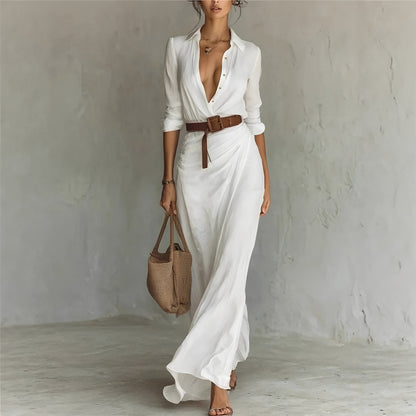 Elegant Belted Shirt Dress Long Sleeve Ruched Maxi
