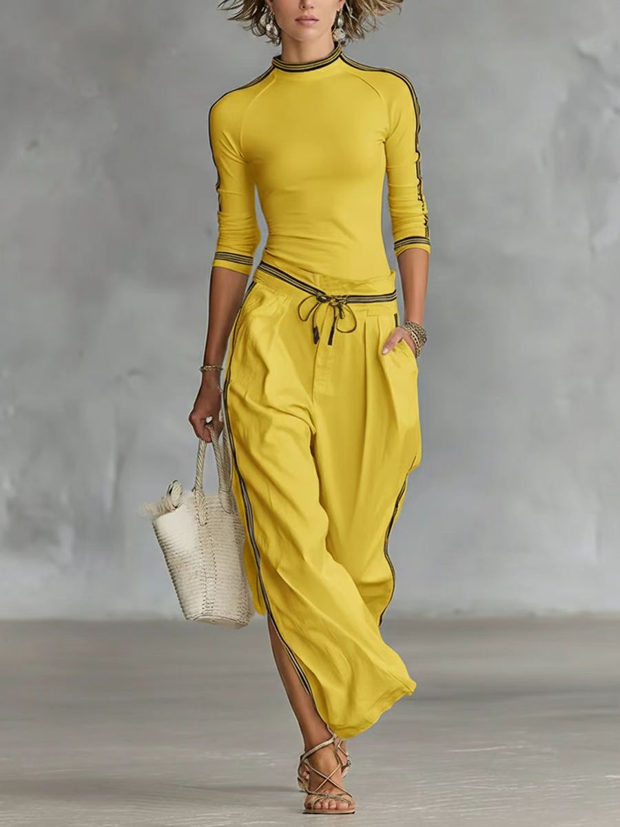 Women's Mock Neck 2 Piece Set Striped Wide Leg Pants