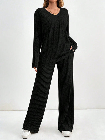 Women's Ribbed Knit V-Neck Top & Pants Two Piece Set
