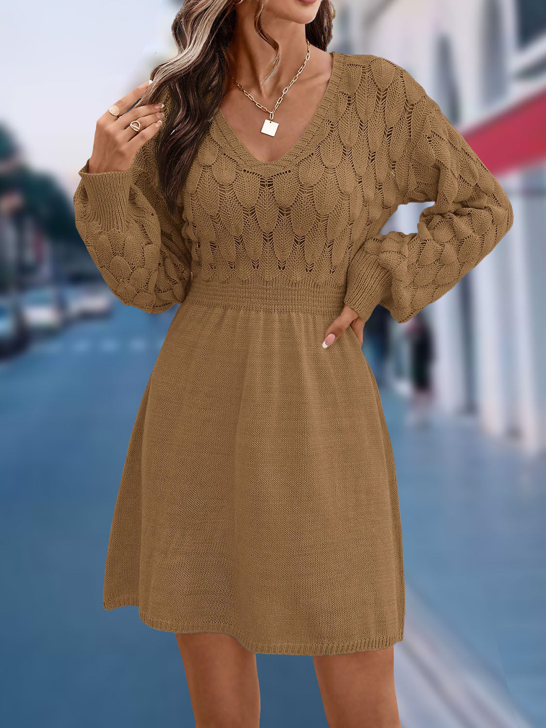 Women's Long Sleeve V Neck Knit Sweater Dress A-Line Mini