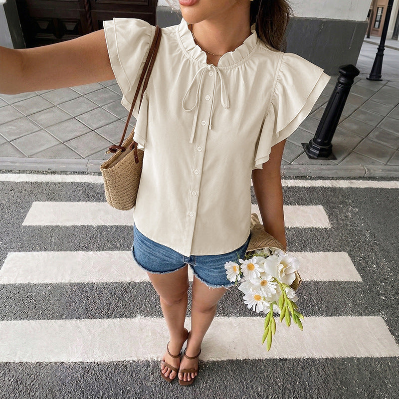Flutter Sleeve Ruffle Collar Tie Neck Blouse Top