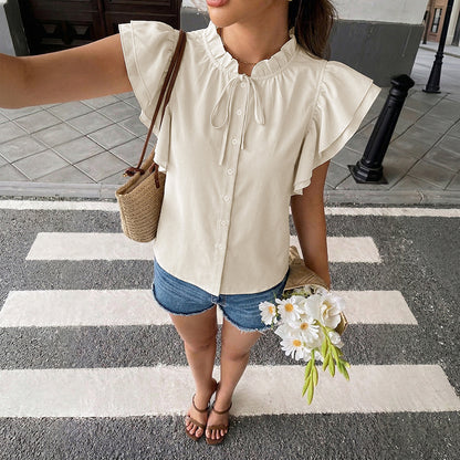 Flutter Sleeve Ruffle Collar Tie Neck Blouse Top